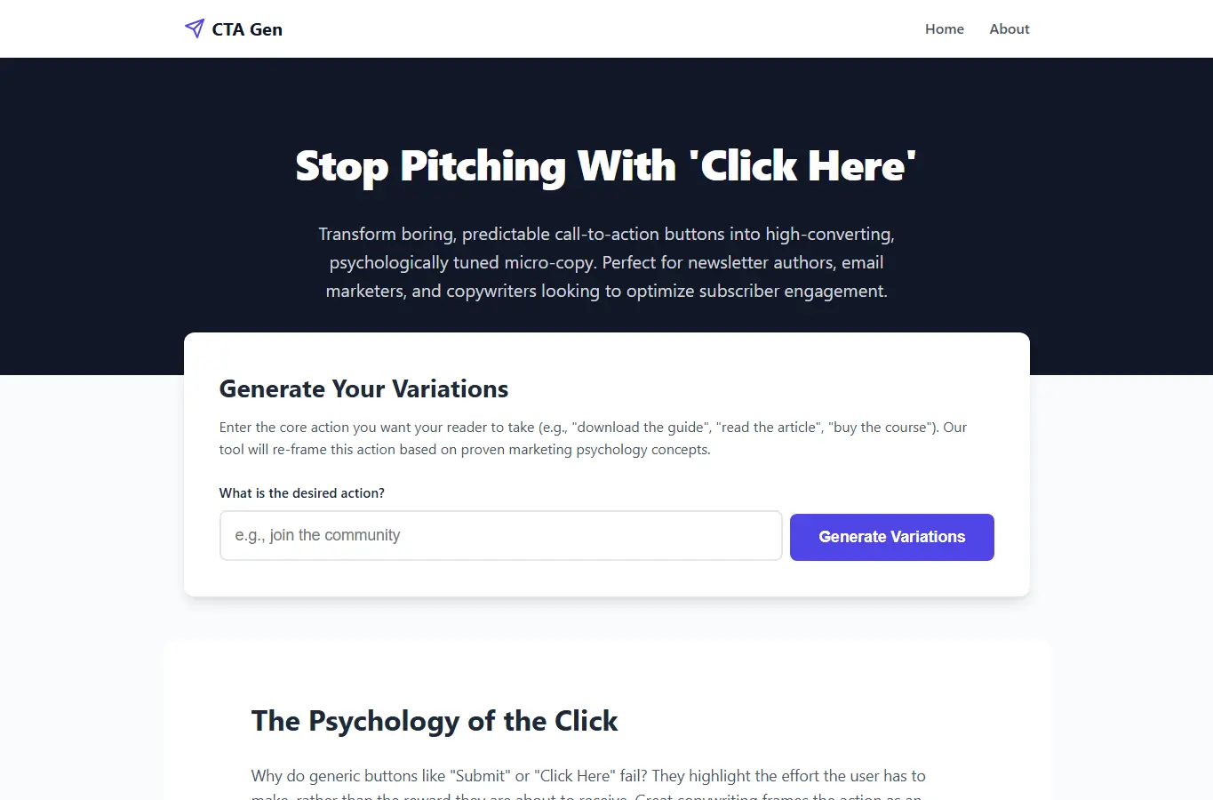 Screenshot of Email CTA Variation Gen | Smarter Call-to-Actions interface showing the project page in use